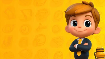 A cheerful cartoon boy in a suit with a yellow background, exuding confidence and positivity.