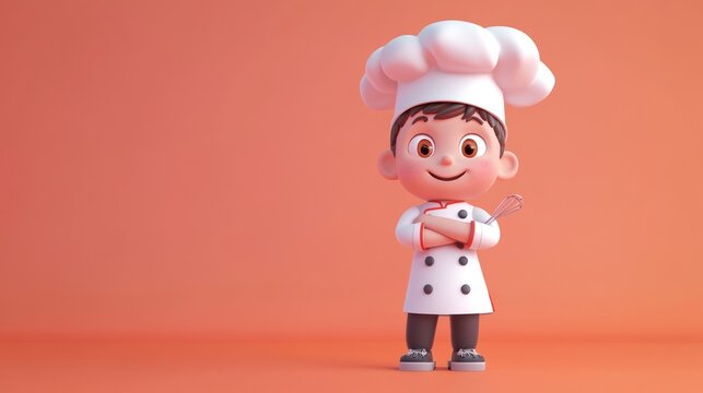A cheerful cartoon chef character with a hat, smiling and holding a whisk, against a simple background.