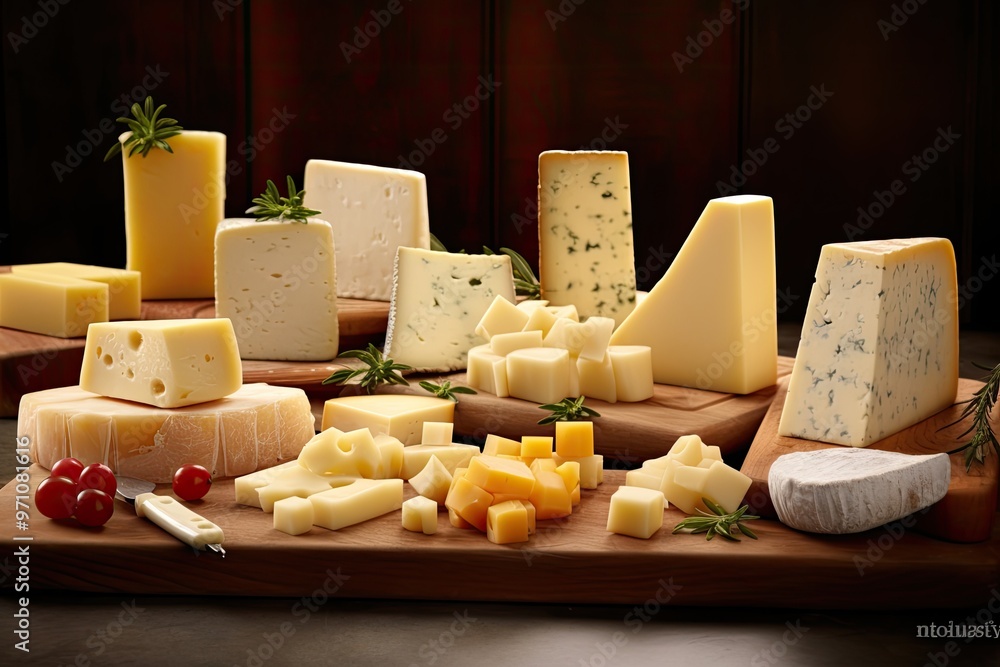Poster a wooden cutting board piled high with a variety of savory cheeses, creating a mouthwatering and vis
