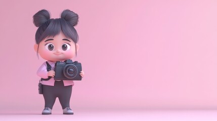 A cute animated girl holding a camera in a pink-themed background.