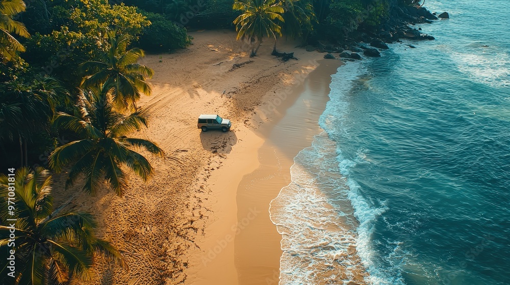 Poster a vehicle rests on the sandy shore, surrounded by palm trees and gentle waves lapping the beach unde