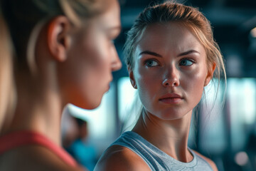 Fototapeta premium Young adult Caucasian sportswoman, her brow furrowed in concentration, practicing hooks with her female coach in a well-lit, high-tech health club. The coach gives her precise instructions, guiding
