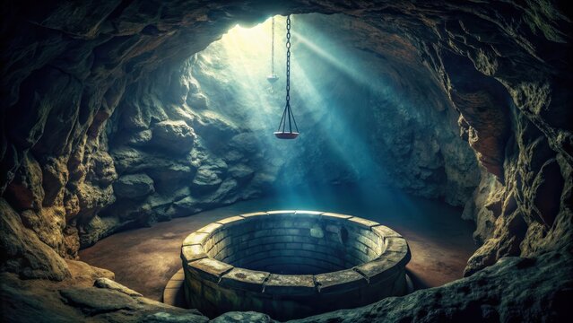 Dark, mysterious ancient well deep inside a cave, ancient, well, deep, underground, cave, water, stone, history