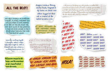 Naklejka premium Ripped paper strips with handwritten text. Realistic crumpled paper scraps with torn edges. Shreds of notebook, book or old newspaper pages. Trendy collage elements. Vector illustration