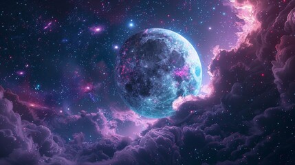 Obraz premium Mesmerizing Cosmic Landscape with Ethereal Moon and Swirling Galaxies