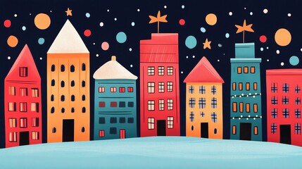 Fototapeta premium Handdrawn simple line Christmas banner illustrating a festive cityscape with decorated buildings