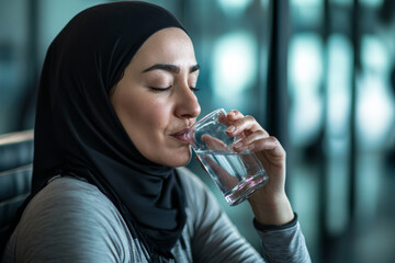Middle-aged Arabian female boxer, wearing a hijab, sitting on a bench in a modern health club, taking a sip of water. Her eyes are closed, and She is savoring the brief moment of rest before returning