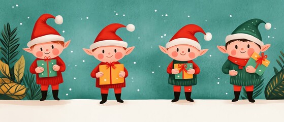 Fototapeta premium Pastel brightly colored Christmas banner with an adorable scene of children building a snowman