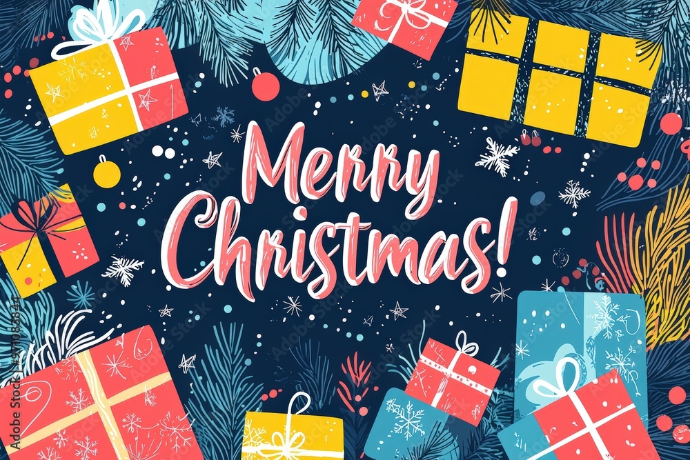 Poster brightly wrapped presents in various colors surround a cheerful greeting, creating a vibrant and fes