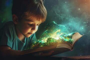 A young boy is reading a book with a green and blue cover