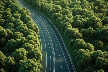 Aerial view highway through a green forest  Beautiful landscape highway through of forest.
