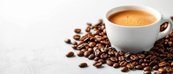 Photo of a cup and coffee beans on a white background, top view with copy space concept for a healthy lifestyle. Web banner with copy space from left to right. On the right side, there is a free text 