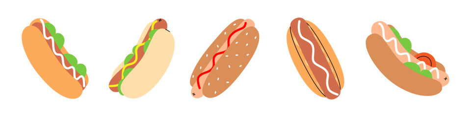 Set of hotdog. American street fast food. Vector illustration.