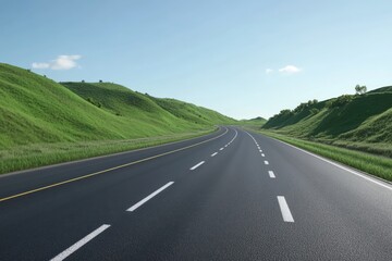 Fototapeta premium Empty Four Lane Freeway with Dashed Lines and Grass Hillside