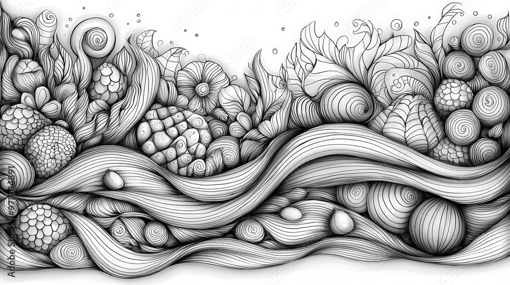 Aufkleber an intricate design showcases swirling waves and a variety of flowers and natural forms, all present