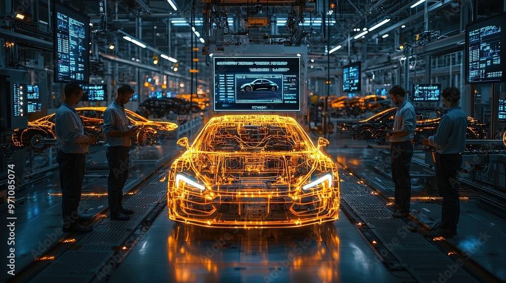 Poster engineers analyze a futuristic car model in an advanced automotive assembly line, featuring glowing 