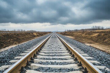 Fototapeta premium Excavated earth for installing communication cables and safety sensors on railway tracks