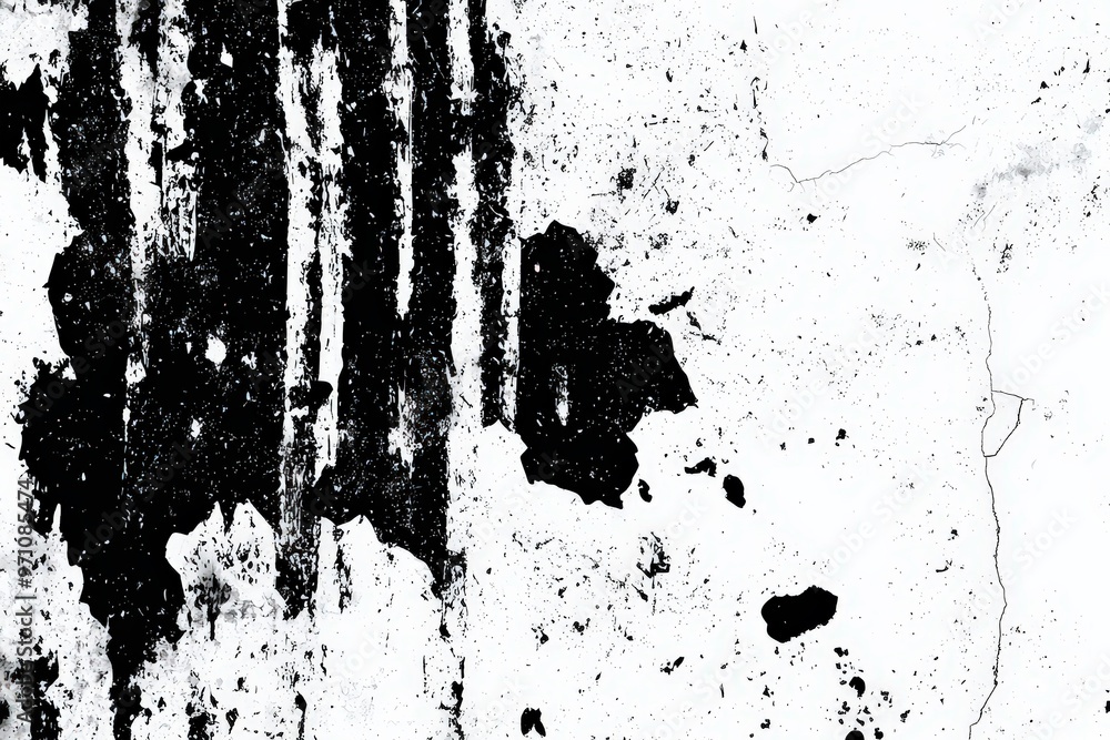 Poster Dark paint drips and splatters create an abstract design on a light background, showcasing a weathered, textured surface illuminated by soft natural light