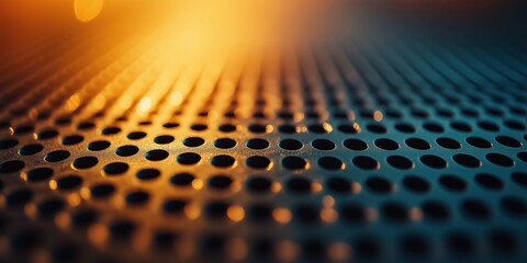 Perforated metal surface captured in abstract closeup with warm lighting, creating a visually captivating representation of detail.