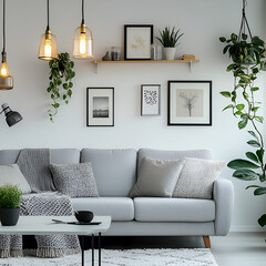 Cozy and Contemporary Living Room with an Inviting white Sofa and space picture white frame strick at the wall,mock up poster frame in modern interior background, living room, Contemporary style
