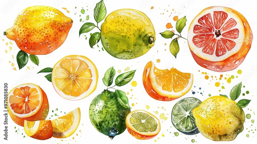 Poster various watercolor illustrations showcase lemons, limes, and oranges with bright splashes of color a