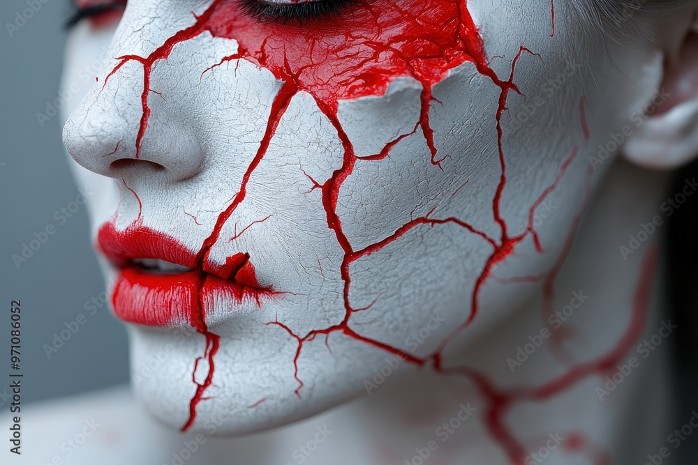 Poster close-up of a person’s face adorned with pale makeup and vivid red cracks, creating a haunting, arti