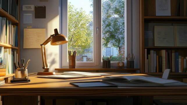 Neat home office space with a wooden table, books, and a desk lamp by a window, creating a serene and efficient work environment.
