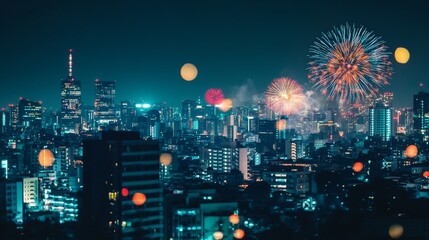 Fototapeta premium Vibrant City Skyline at Night with Colorful New Year's Eve Fireworks Exploding in the Sky