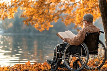 The elderly man sits in a wheelchair, reading a book by the lakeside. The scene is filled with colorful autumn leaves reflecting the warm glow of the afternoon sun