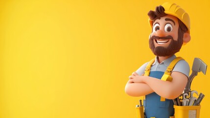 Fototapeta premium A cheerful cartoon construction worker with tools, set against a bright yellow background.