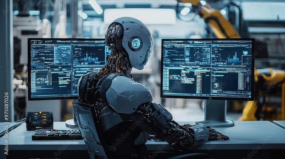 Poster A humanoid robot focused on programming tasks sits in a high-tech laboratory, surrounded by multiple computer screens displaying complex data and coding interfaces