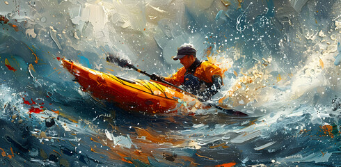Fototapeta premium Kayaking in Rough Waters Illustration