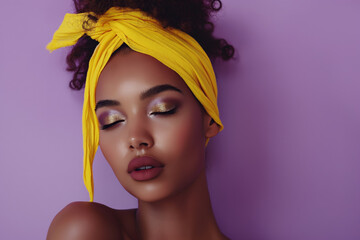 Naklejka premium A woman with a yellow headband and gold eyeshadow