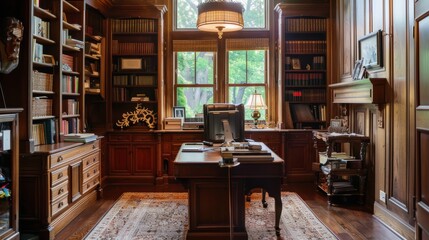 Luxurious home office with classic wood paneling and bookshelves