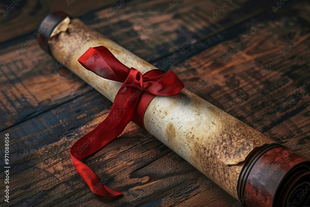 Poster ancient scroll tied with red ribbon is lying on wooden table