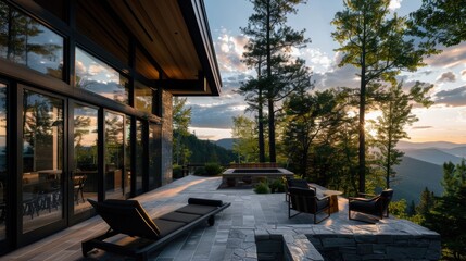 Modern mountain home with a view of forest and mountains at sunset