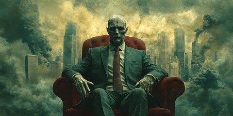 Fototapeta premium A mysterious figure sits confidently in a red chair amidst a smoky urban landscape, blending elements of horror and dystopia. Generative AI