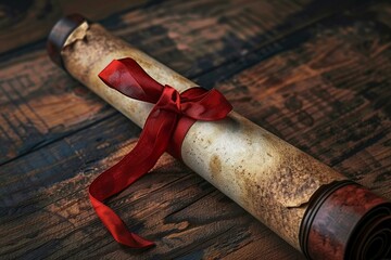 Ancient scroll tied with red ribbon is lying on wooden table