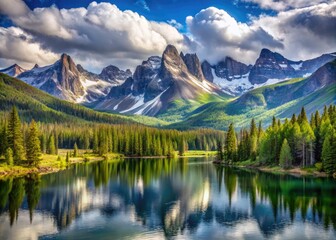 Majestic snow-capped peaks tower above serene alpine lakes and lush green forests in the rugged Crazy Mountains range, Montana, under a dramatic blue sky.