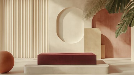 Rectangular podium in light maroon and dark beige with geometric design, set in a minimalist artistic studio