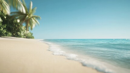 Relaxing tropical sandy beach with a soft-focus sea and clear blue sky, ideal for summer visuals.
