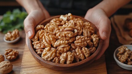Hand cracking walnuts open on a wooden board, natural brain food, rich in healthy fats, isolated on solid background