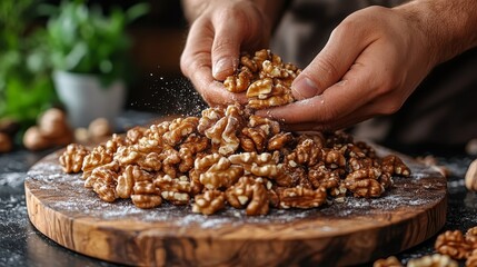 Hand cracking walnuts open on a wooden board, natural brain food, rich in healthy fats, isolated on solid background
