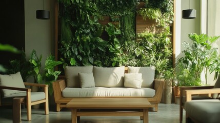 Fototapeta premium Relaxing urban living room filled with greenery from a vertical garden, complemented by minimalistic wooden furniture, creating a serene atmosphere.