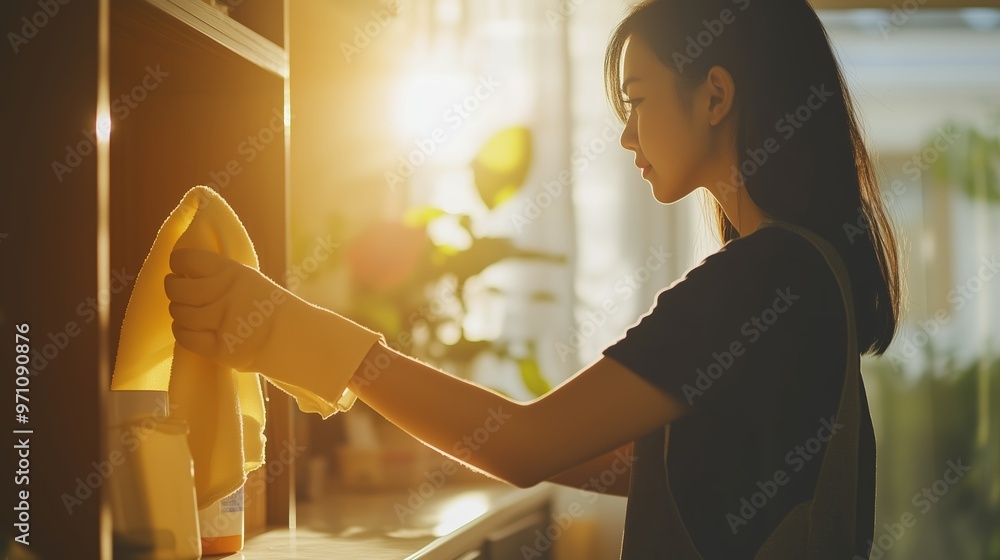 Canvas Prints A young woman cleans a shelf with a yellow cloth during the sunset, creating a warm and inviting atmosphere in her home