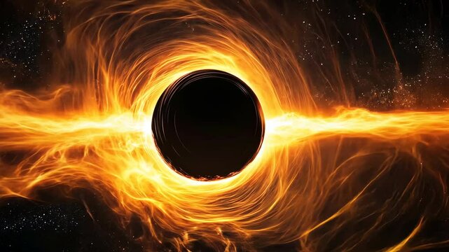 Exploration of a black hole surrounded by swirling orange gases in the vast expanse of space