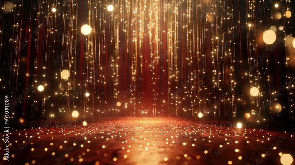 Poster shimmering red and gold stage with sparkling lights and dark background, ideal for an extravagant ev