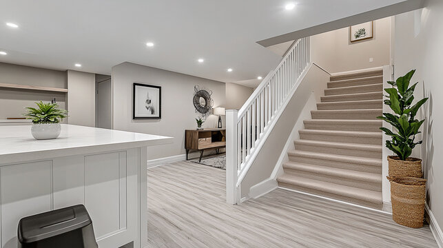 A beautifully renovated basement with a white countertop and a stylish staircase, providing an inviting atmosphere in a spacious layout