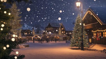 Snowy village scene with Christmas lights and decorated trees