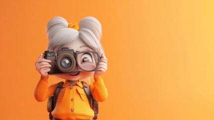 A cheerful cartoon character with glasses holds a camera against an orange background.